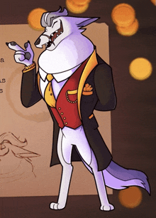 a drawing of a wolf wearing a suit and tie with coins in the background