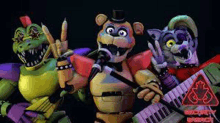 a group of five nights at freddy 's characters standing next to each other holding guitars and microphones .