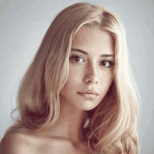 a woman with long blonde hair and freckles on her face