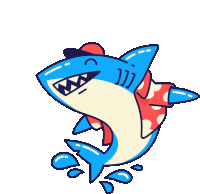 a blue and white shark wearing a red hat and a scarf