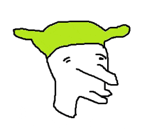 a drawing of shrek wearing a green hat and a long nose .