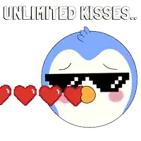 a penguin wearing sunglasses has three hearts in his eyes and the words unlimited kisses below it