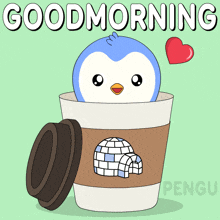 a cup of coffee with a penguin inside of it and the words good morning written above it