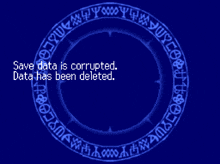 a blue circle with the words save data is corrupted data has been deleted on it