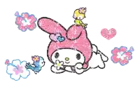 a drawing of a bunny with flowers and a bird on its head