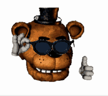 a teddy bear wearing a top hat and sunglasses giving a thumbs up