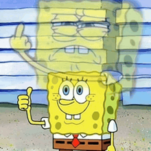 a cartoon spongebob gives a thumbs up with his shadow behind him