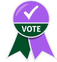 a purple and green ribbon with a check mark and the word vote