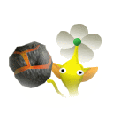 a yellow cartoon character with a flower on its head and a rock in its hand .