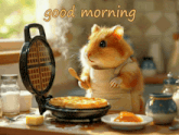 a picture of a hamster making waffles with the words good morning written above it