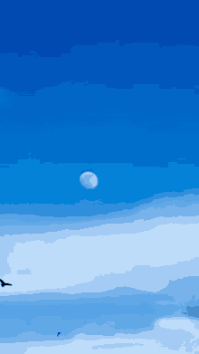 a blue sky with a full moon and a bird flying in the distance