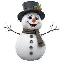 a snowman wearing a top hat and scarf smiles