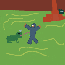 a pixel art drawing of a man being attacked by a green monster