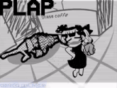 a black and white drawing of a girl with the word phase coffe written on the bottom