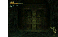 a video game shows a skeleton holding a gun in a dark tunnel