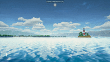 a lighthouse on a small island in the middle of the ocean with spectar marina city on the bottom