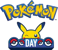 a logo for pokemon day with a pikachu in the background