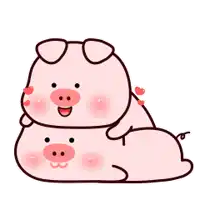 a couple of pigs are laying on top of each other with hearts flying around them .