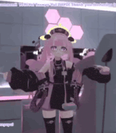 a girl with pink hair and glasses is standing in a room holding a sword .