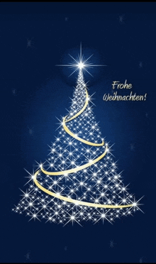 a blue background with a christmas tree and the words frohe weihnachten below it