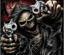 the grim reaper is holding two guns in his hands