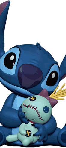 a blue stitch holding a stuffed animal with stitches