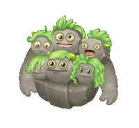 a group of cartoon characters with green hair are sitting on a rock