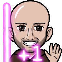 a cartoon drawing of a man with a beard and a pink light behind him that says +1