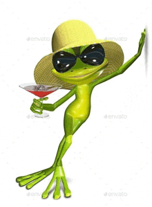 the frog is wearing a hat and sunglasses and is holding a martini glass .