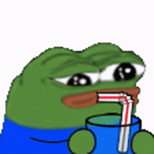 a cartoon frog is drinking from a cup with a straw .