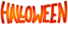 the word halloween is written in orange and red on a white background