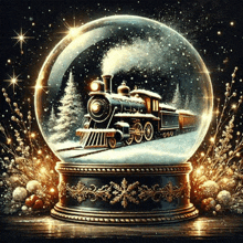 a snow globe with a train in it and snow falling