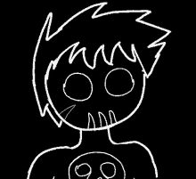 a black and white drawing of a person with a skull in the middle of their chest .