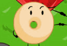 a cartoon donut with a surprised face is standing in the grass .