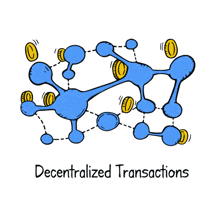 a cartoon illustration of decentralized transactions with coins moving around