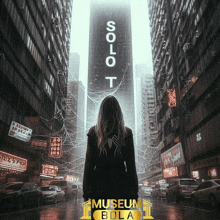 a woman stands in front of a building that says solot on it