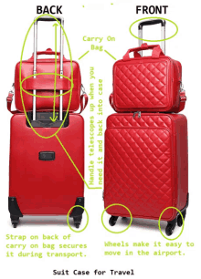 the back and front of a red suitcase with wheels