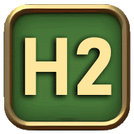 a green and gold icon with the letter h2 on it