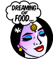 a woman is dreaming of food in a thought bubble