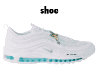 a pair of white nike shoes with the word shoe on the top