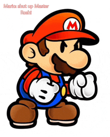 a cartoon of mario with the words " mario shut up master roshi " on the bottom