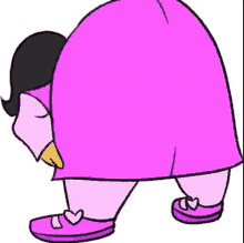 a cartoon character in a pink dress and purple shoes is bending over .