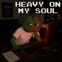 a cartoon of a frog sitting in front of a computer with the words " heavy on my soul " above him