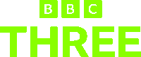 the logo for bbc three is green and white on a white background