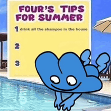 a cartoon character is jumping into a pool with a sign that says four 's tips for summer .