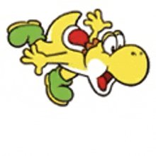 a cartoon of a yellow and green yoshi is flying through the air .