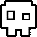 a black and white pixel art icon of a skull with squares on it 's face .