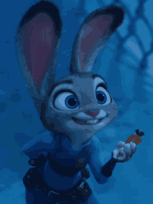 a cartoon rabbit is holding a carrot in her hand and smiling