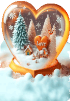 a heart shaped snow globe with trees and a heart that says love