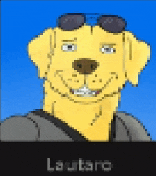 a pixel art of a yellow dog with sunglasses and the name lautaro below it